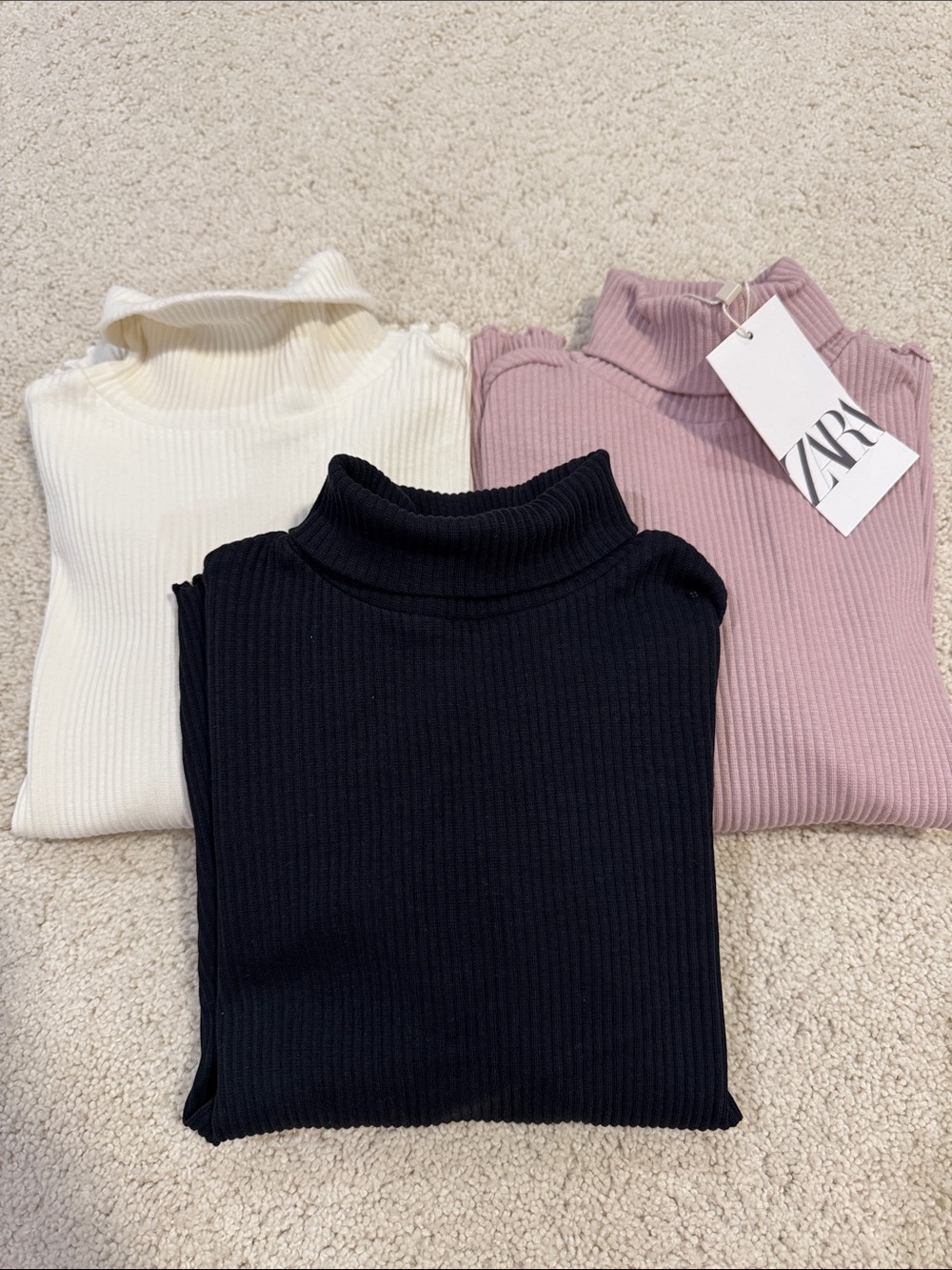 3 ZARA Kids Ribbed Turtleneck Tops - Pink, Cream & Black
